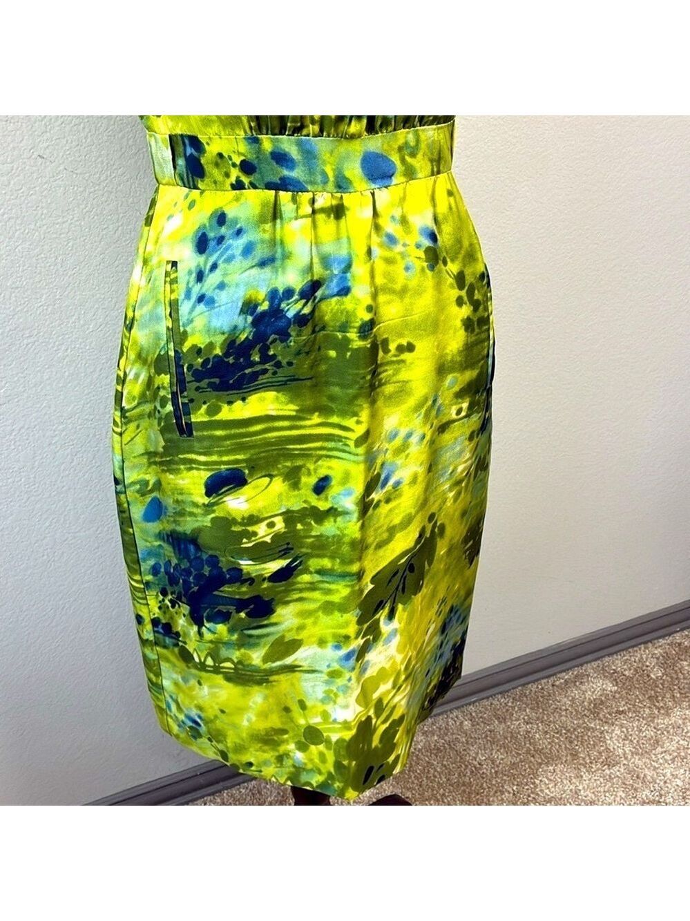 Peter Som Silk Dress Chartreuse Watercolor Print Pockets Pleated  XS - Picture 4 of 10